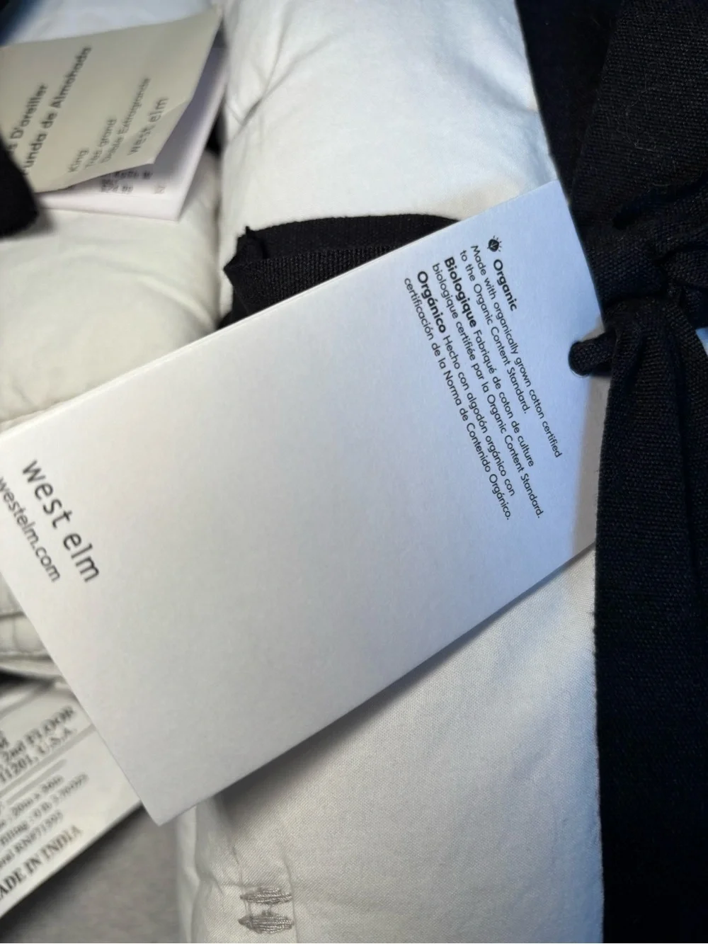 New West Elm Organic Cotton Pillow Insert with Black Strap - White